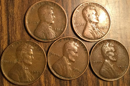 1918 1920 1929 1934 1936D Lot Of 5 Usa Lincoln Wheat One Cent Penny Coins - £3.60 GBP