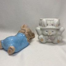 2 Ceramic Easter Bunny Rabbit Figurines Sleeping Bunny And One w/ Bonnet Votive - £10.19 GBP