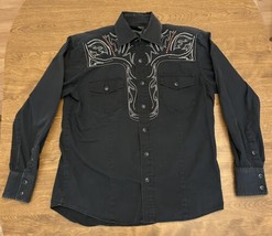 Rockabilly Western Shirt Men&#39;s Medium Black Embroidered Ranch Rodeo Wear... - $11.88