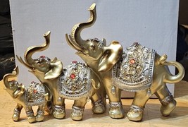 GOLD ELEPHANT FAMILY TRUNK UP GOOD LUCK FORTUNE POWER ANIMAL FIGURINE ST... - £34.38 GBP