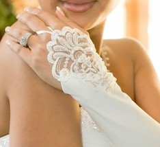 Fingerless Bridal Gloves Satin Below the Elbow Wedding Gloves w/ Pearls ... - $20.57