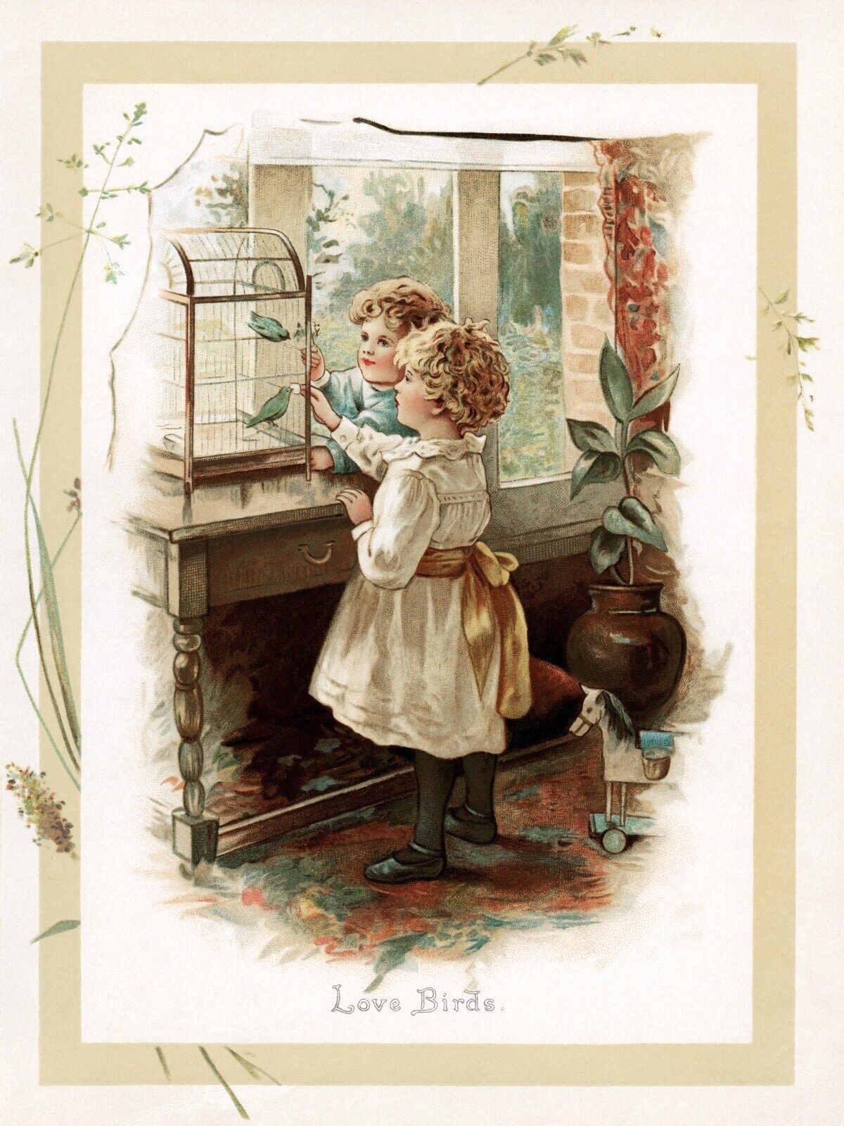 11189.Decoration Poster.Vintage Interior bathroom wall.Victorian girls.Love bird