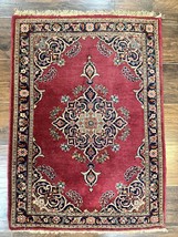 Small Per&#39;sian Rug 2x3 Red Navy Blue Handmade Vintage Carpet Semi Open Field - £1,518.77 GBP