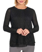 Sioni Layered Black Sweater Rhinestone Zipper Back Cable Knit Look Sz S M NEW - £23.16 GBP