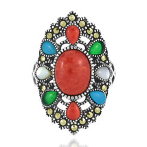 Vintage Oval Red Coral Center Mix Color Adornment Stones Statement Ring-8 - £22.14 GBP