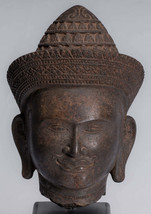 Antique Banteay Srei Style Stone Mounted Khmer Vishnu Head - 35cm / 14&quot; - $2,046.22