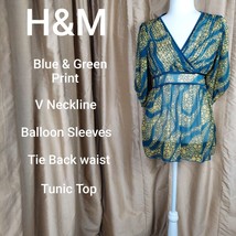 H&amp;M Green &amp; Blue Print V Neckline Tunic Top Size 6 - £7.86 GBP