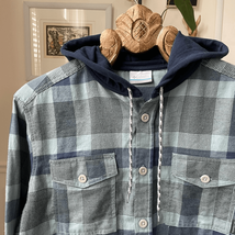 NWOT Columbia Button Front Blue Plaid Hoodie Flannel Short M - $20.16