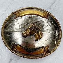 Vintage Large Trophy German Silver Western Horse Head Ribbon Scroll Belt Buckle - £39.80 GBP