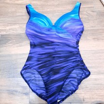 Miraclesuit women&#39;s 14 Blue purple black bathing swim suit splice ombre ruched - £48.83 GBP