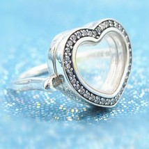 925 Sterling Silver Floating Heart Locket Ring With Clear Cz - £16.25 GBP