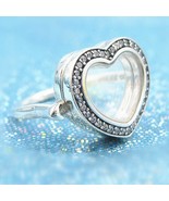 925 Sterling Silver Floating Heart Locket Ring With Clear Cz - £16.33 GBP