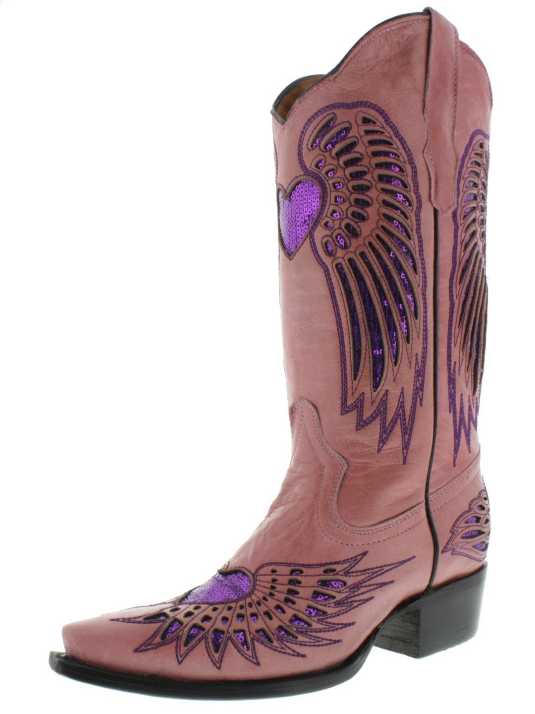 Womens Western Boots Cowboy Pink Leather Fuchsia Sequins Heart Wings Siz... - $76.82