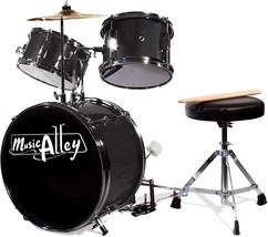 Metallic Black 3 Pc\. Kids Drum Set By Music Alley (Dbjk02-Bk) With Throne, - £92.52 GBP