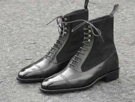 Handmade Men&#39;s Black Leather &amp; Sued Balmoral Lace Up Leather Ankle High ... - £141.63 GBP