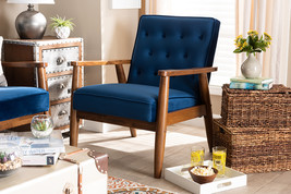 Kennedy Navy Blue Velvet Fabric Upholstered Walnut Finished Wooden Loung... - $5,399.08 MXN