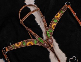 Western Saddle Horse Tack Set Sunflower + Cactus Design Bridle + Breast Collar - £68.96 GBP