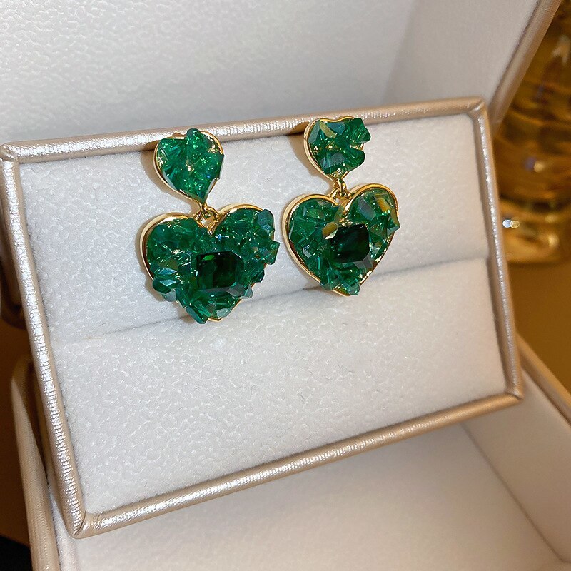 2022 Fashion Sweet Heart Dangle Drop Earrings For Women Green Crystal Wedding Ea - £14.33 GBP