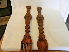 Vintage Brown Carved Wooden Fork and Spoon Wall Art With Carved Faces - £58.84 GBP