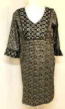 BOHEMIAN BLOUSE DRESS MEDIUM BLACK, WHITE &amp; SILVER V-NECK 3/4 SLEEVE SAT... - £14.03 GBP