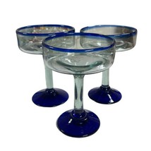 Recycled Glass Mexican Hand Blown Margarita Glasses Cobalt Blue Rim 6&quot; Set of 3 - £52.30 GBP