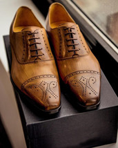 Customize Fashionable Wooden Brown Semi Brogue Oxford Real Leather Dress Shoes - £101.82 GBP