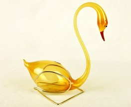 Golden Amber Blown Glass Swan Bud Vase On Wire Frame, Vintage Art Glass Figurine - £19.54 GBP