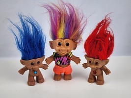 Set 3 Vintage Troll Dolls Bright American Rainbow Hair &amp; earring Russ Treasure - £19.35 GBP