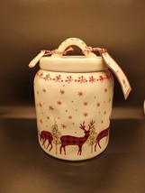 10 Strawberry Street Red Black Plaid Reindeer Ceramic Cookie Jar 7.5&quot; Canister - £26.70 GBP