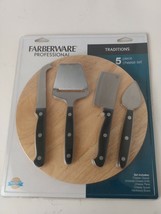 Farberware 5 Piece Cheese SET CLEAVER, KNIFE, PLANE, SPADE, HARDWOOD BOARD - $17.53
