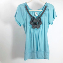 Daytrip Blue Women&#39;s Short Sleeve Enmbellished Neckline Top Size Small - £8.40 GBP