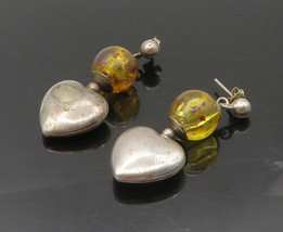 925 Sterling Silver - Vintage Amber Ball Bead Love Heart Drop Earrings - EG8885 - £32.66 GBP