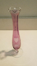 Purple &amp; Clear Glass Fluted Lip Bud Vase Blown With Etched Floral Heart Design - £7.89 GBP