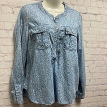GAP Womens Popover Top Blue Floral Long Sleeve Button Cuff Pockets Chamb... - $18.43
