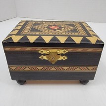 Musical Jewelry Trinket Box Wood Black Red Gold Inlaid Design Vintage Japan - £10.07 GBP