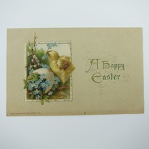 Easter Postcard Yellow Chick Egg Blue Flowers Gold Embossed Winsch Antique 1912 - £7.86 GBP