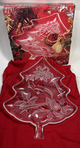 Christmas Tree Frosted Glass Server Dish Candy Bell Poinsettia 13.5&quot; NOS - £14.38 GBP