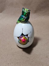 Cracked Egg Clay Pottery Bird Green Owl Parrot Hand Painted Signed Mexic... - £22.15 GBP