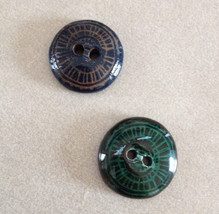 Pair of Vintage Handmade Blue Green Ceramic Ethnic Two Hole Buttons 2cm - £11.21 GBP