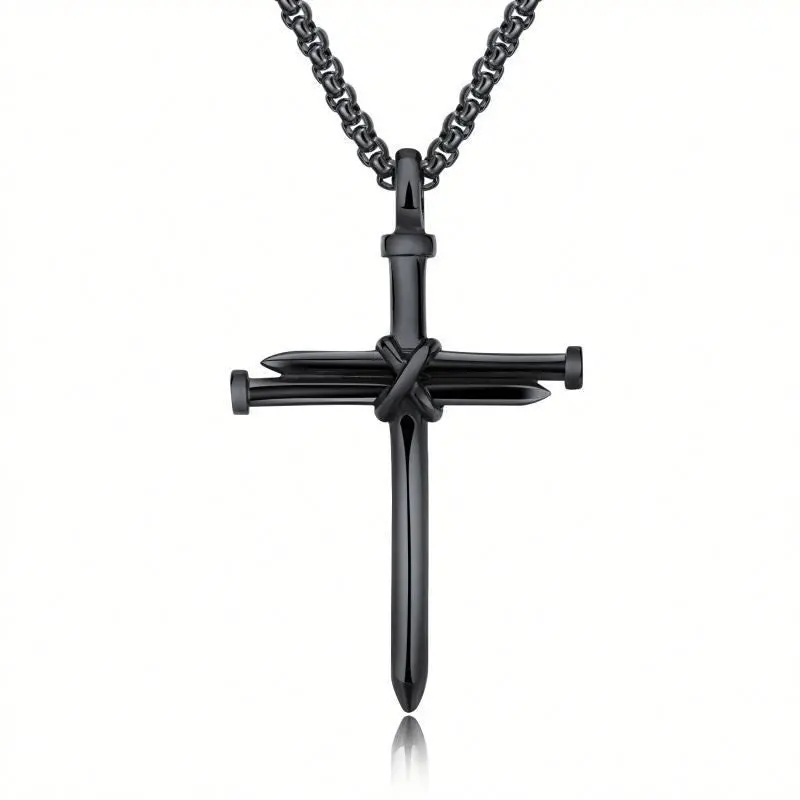 Steel, Gold &amp; Black Iron Nail Cross Pendant Necklace - Stainless Steel -... - $471.32 MXN