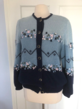 Vtg Hand Knit Superkid Mohair Wool Blend Sweater Floral Embroidered L-XL - £67.05 GBP