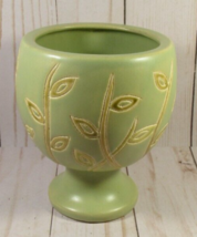 Studio Art Pottery Pedestal Planter-Vase Light Green Glaze &amp; Gold Leaves Signed. - £23.87 GBP