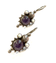 Vintage Solid Sterling Silver Earrings Amethyst Cabashon Stones  Pearls - $14.25