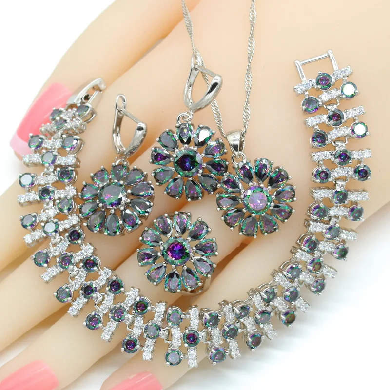 Rainbow Zirconia Silver Color Dubai Bridal Jewelry Sets For Women Neckla... - $35.90