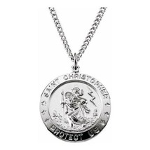 Sterling Silver 25MM Round Saint Christopher Medal 24 Inch Necklace - £195.61 GBP