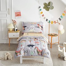 4 Piece Gray Dinosaurs Toddler Bedding Set With Colorful Dinos Boys Bed ... - £35.95 GBP
