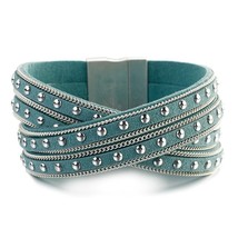 ALLYES Multilayer Rivets Charm Chain Leather Bracelets for Women Cross Twist Wid - £9.56 GBP