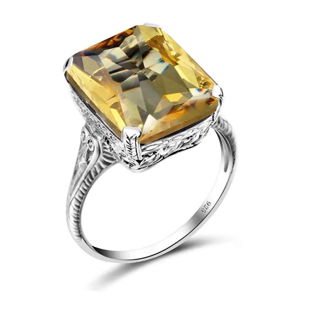 Real 925 Sterling Silver Citrine Ring Square Gemstone Fine Jewelry Engrave Handm - £42.58 GBP
