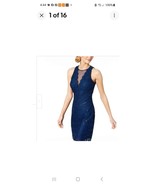 Nightway Womens Dark Blue Sequined Lace Illusion Neck Sheath Dress Sz 8 ... - $55.39 CAD