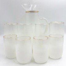 Vintage Blendo White Frosted Pitcher &amp; 6 Pint Glasses &amp; 4 small glasses gold - £99.91 GBP